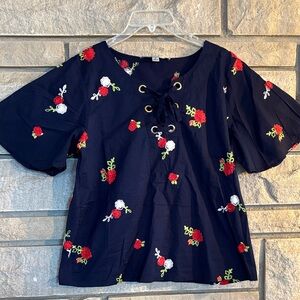 Navy Floral Embroidered Lace-Up Blouse